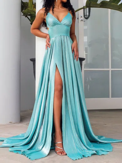 A-line V-neck Glitter Prom Dresses With Ruched #Milly020107906