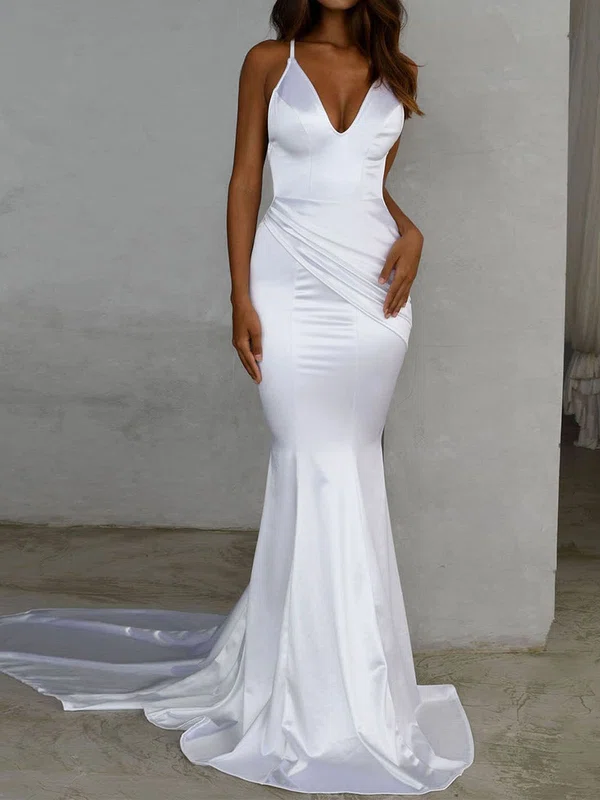 Mermaid V-neck Backless Satin Prom Dresses With Ruched #Milly020107910