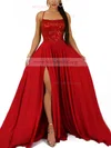 A-line Square Neckline Silk-like Satin Sweep Train Appliques Lace Prom Dresses #Milly020107912