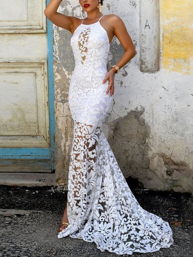 Trumpet/Mermaid Scoop Neck Lace Sweep Train Split Front Prom Dresses #Milly020107915