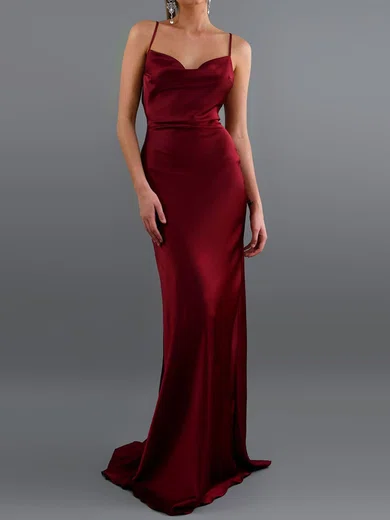 Burgundy Sheath/Column Cowl Neck Satin Prom Dresses #Milly020107917