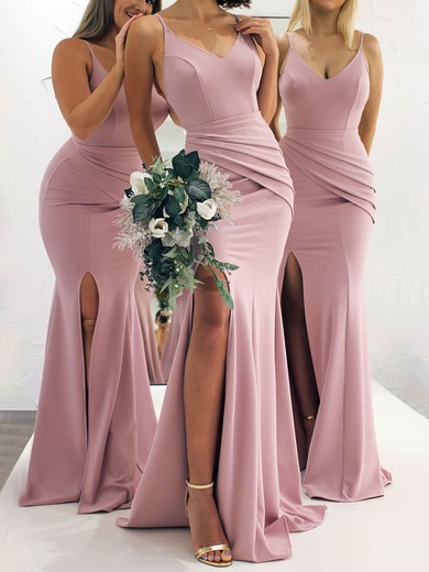 Trumpet/Mermaid V-neck Stretch Crepe Sweep Train Split Front Bridesmaid Dresses #Milly01014238