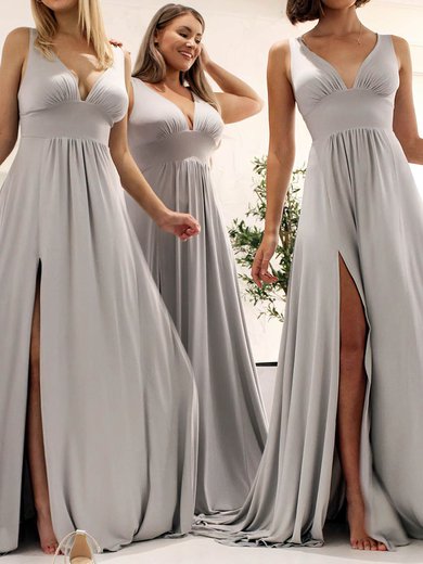 A-line V-neck Jersey Sweep Train Split Front Bridesmaid Dresses #Milly01014239