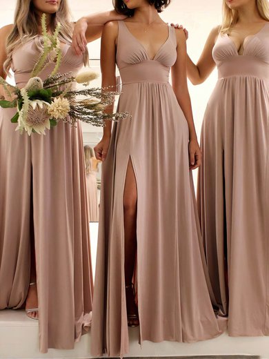 A-line V-neck Jersey Sweep Train Split Front Bridesmaid Dresses #Milly01014244