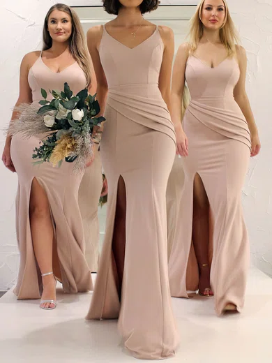 Sheath/Column V-neck Stretch Crepe Sweep Train Split Front Bridesmaid Dresses #Milly01014246