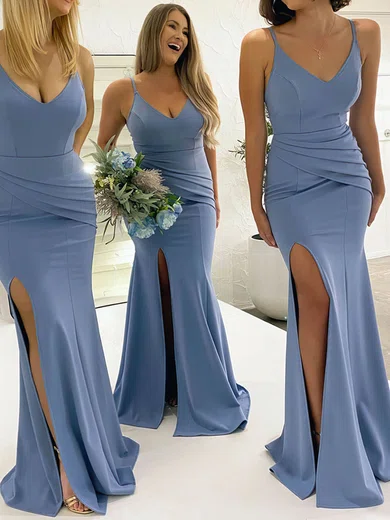 Sheath/Column V-neck Stretch Crepe Sweep Train Split Front Bridesmaid Dresses #Milly01014247