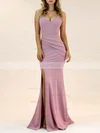 Trumpet/Mermaid V-neck Stretch Crepe Sweep Train Split Front Bridesmaid Dresses #Milly01014247