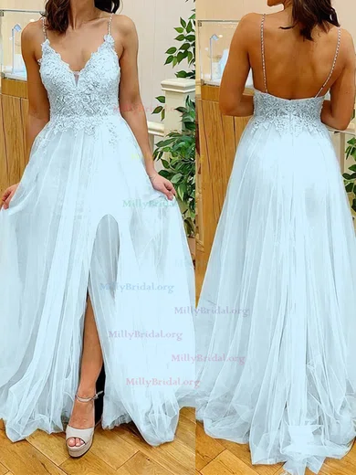 V Neck White And Blue Tulle Beading Prom Dress With Belt V Neck White And Blue Tulle Beading Prom Dress With Belt