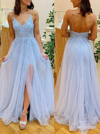A-line V-neck Lace Tulle Sweep Train Beading Prom Dresses #Milly020107918