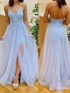 A-line V-neck Tulle Floor-length Prom Dresses With Appliques #Milly020107918