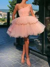 A-line One Shoulder Tulle Knee-length Tiered Short Prom Dresses #Milly020107923
