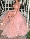 A-line Strapless Tulle Lace Sweep Train Appliques Lace Prom Dresses #Milly020107924