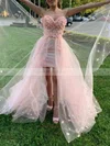A-line Strapless Tulle Lace Sweep Train Appliques Lace Prom Dresses #Milly020107924