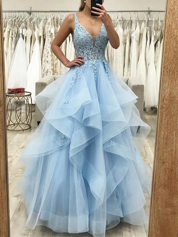 Ball Gown/Princess Floor-length V-neck Lace Organza Beading Prom Dresses #Milly020107926