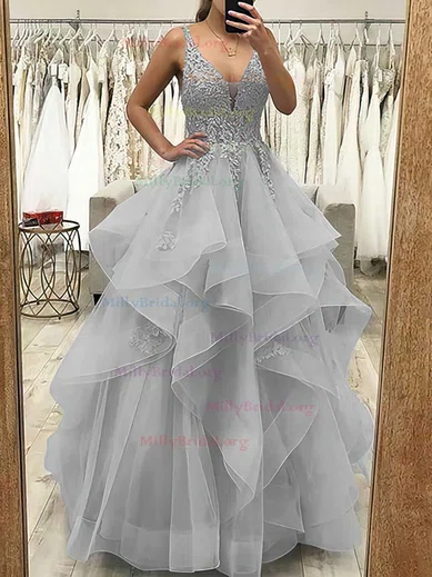 Ball Gown Princess Floor length V neck Lace Organza Beading Prom Dresses millybridal