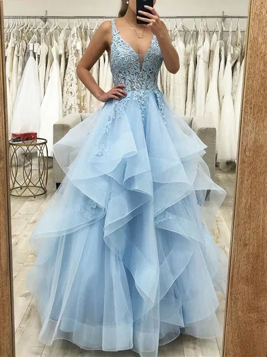 Ball Gown V-neck Tulle Ruffle Tiered Prom Dresses With Appliques #Milly020107926