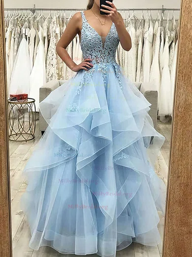 V Neck Backless Ruffles Appliques Tulle Blue Prom Dress V Neck Backless Ruffles Appliques Tulle Blue Prom Dress