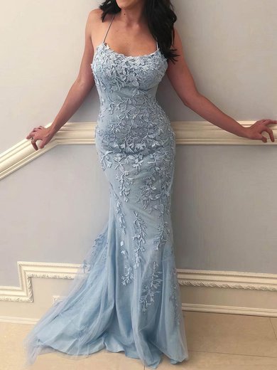 Trumpet/Mermaid Sweep Train Scoop Neck Lace Tulle Appliques Lace Prom Dresses #Milly020107927