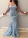 Trumpet/Mermaid Sweep Train Scoop Neck Lace Tulle Appliques Lace Prom Dresses #Milly020107927