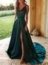 A-line Sweep Train V-neck Silk-like Satin Split Front Prom Dresses #Milly020107929