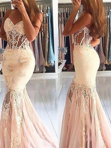 Trumpet/Mermaid Sweep Train Sweetheart Lace Tulle Beading Prom Dresses #Milly020107931