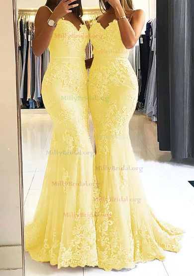 Lace Appliques Backless Sweep Train V Neck Trumpet Mermaid Tulle Wedding Dress