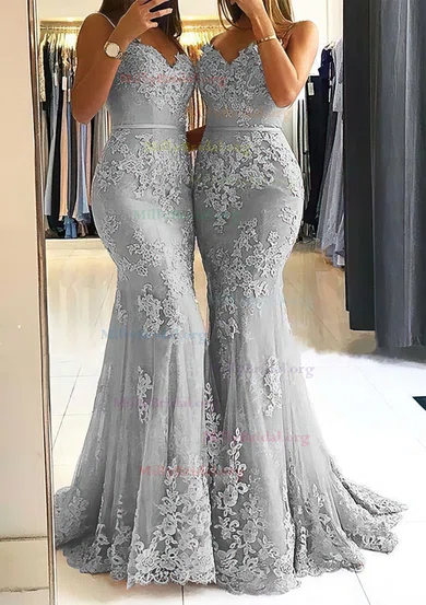 V Neck Mermaid Silver Gray Appliques Prom Dress