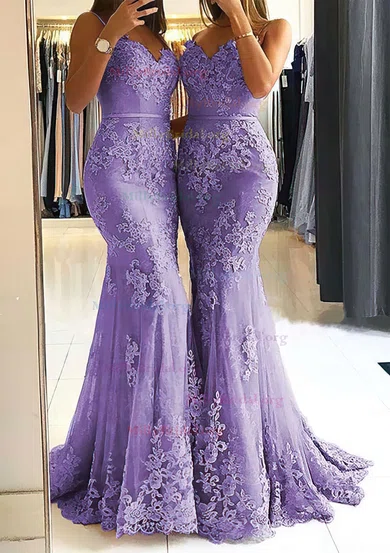V Neck Trumpet Mermaid Purple Tulle Appliques Prom Dress