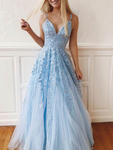 Ball Gown/Princess Sweep Train V-neck Tulle Lace Appliques Lace Prom Dresses #Milly020107939
