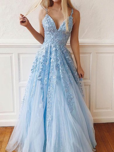 Ball Gown V-neck Tulle Lace Prom Dresses With Appliques Lace #Milly020107939