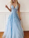 Ball Gown/Princess Sweep Train V-neck Tulle Lace Appliques Lace Prom Dresses #Milly020107939