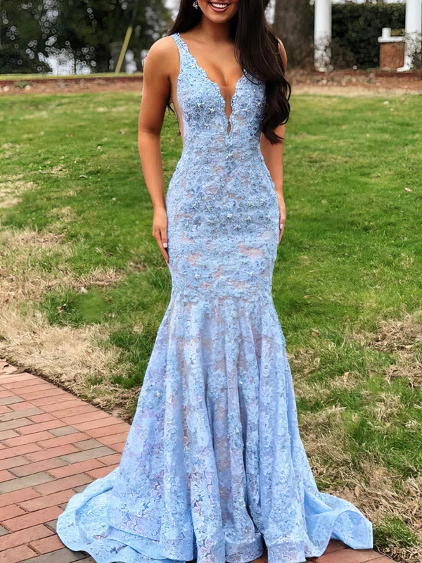 Trumpet/Mermaid Sweep Train V-neck Lace Beading Prom Dresses #Milly020107940