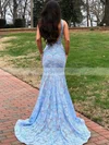 Trumpet/Mermaid V-neck Lace Sweep Train Appliques Lace Prom Dresses #Milly020107940