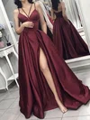 Burgundy Ball Gown V-neck Satin Prom Dresses With Ruched #Milly020107941