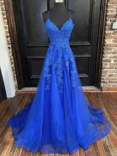 Ball Gown/Princess V-neck Tulle Sweep Train Prom Dresses With Appliques Lace S020107943