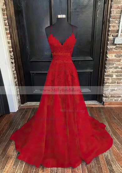 Beading Lace Tulle Long Red V Neck Appliques Prom Dress