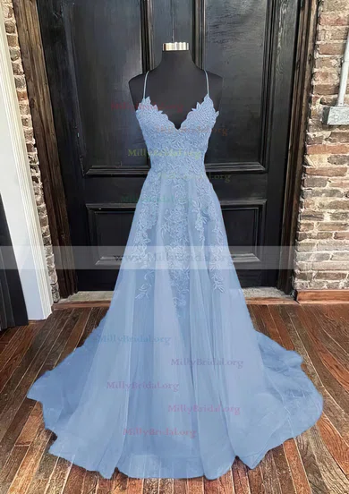 V Neck White And Blue Tulle Beading Prom Dress With Belt V Neck White And Blue Tulle Beading Prom Dress With Belt