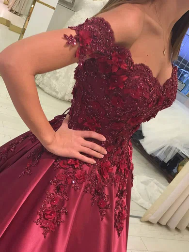Ball Gown Off-the-shoulder Satin 3D Floral Prom Dresses With Appliques #Milly020107946