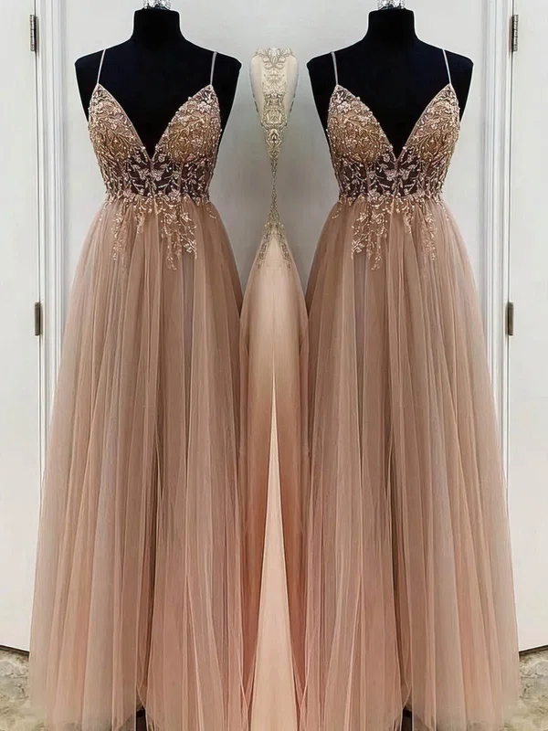 A-line V-neck Tulle Sweep Train Prom Dresses With Appliques Lace S020107947