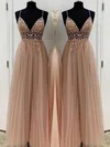 A-line V-neck Tulle Sweep Train Appliques Lace Prom Dresses #Milly020107947