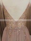 A-line V-neck Tulle Sweep Train Appliques Lace Prom Dresses #Milly020107947