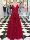 Ball Gown V-neck Lace Tulle Sweep Train Appliques Lace Prom Dresses #Milly020107949