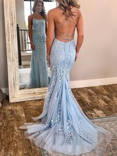 Trumpet/Mermaid Scoop Neck Lace Tulle Sweep Train Prom Dresses With Appliques Lace S020107951