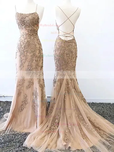 Gold Tulle Scoop Mermaid Evening Dress With Beadings Gold Tulle Scoop Mermaid Evening Dress With Beadings
