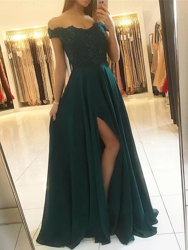 A-line Off-the-shoulder Lace Chiffon Sweep Train Beading Prom Dresses #Milly020107956