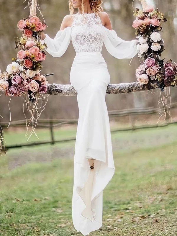 Trumpet/Mermaid Square Neckline Lace Chiffon Sweep Train Wedding Dresses #Milly00024591