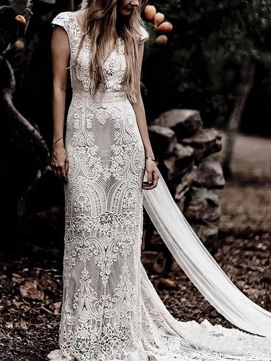 Sheath/Column V-neck Lace Sweep Train Wedding Dresses #Milly00024593