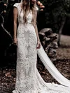 Sheath/Column V-neck Lace Sweep Train Wedding Dresses #Milly00024593