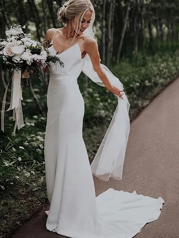 Sheath/Column V-neck Silk-like Satin Sweep Train Wedding Dresses #Milly00024594