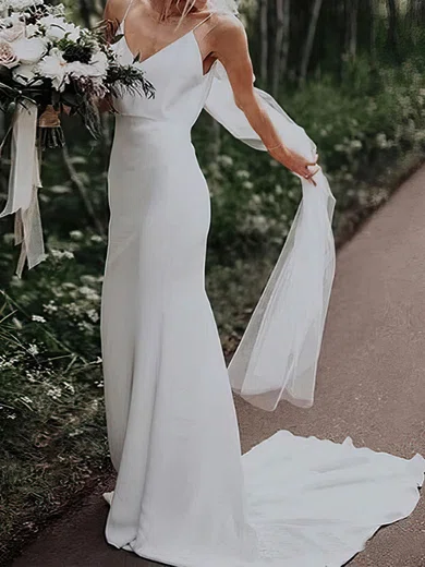Sheath/Column V-neck Silk-like Satin Sweep Train Wedding Dresses #Milly00024594